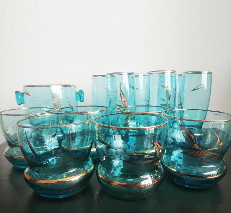 12 Glasses and Ice Bucket Blue and Gold Crystal Art Deco For Sale at