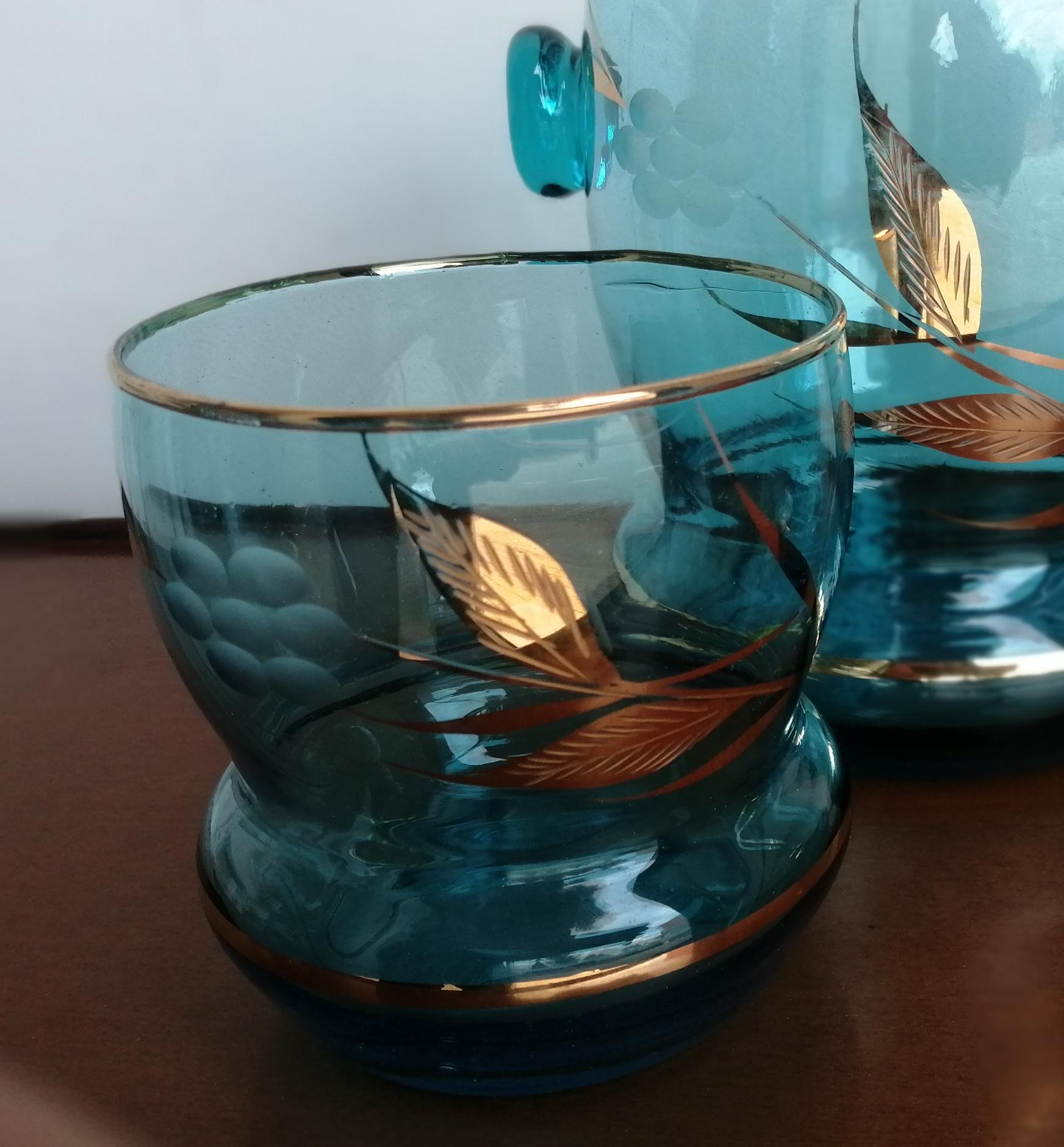 Carved 12 Glasses & Ice Bucket Blue and  Gold Crystal  Art Deco For Sale