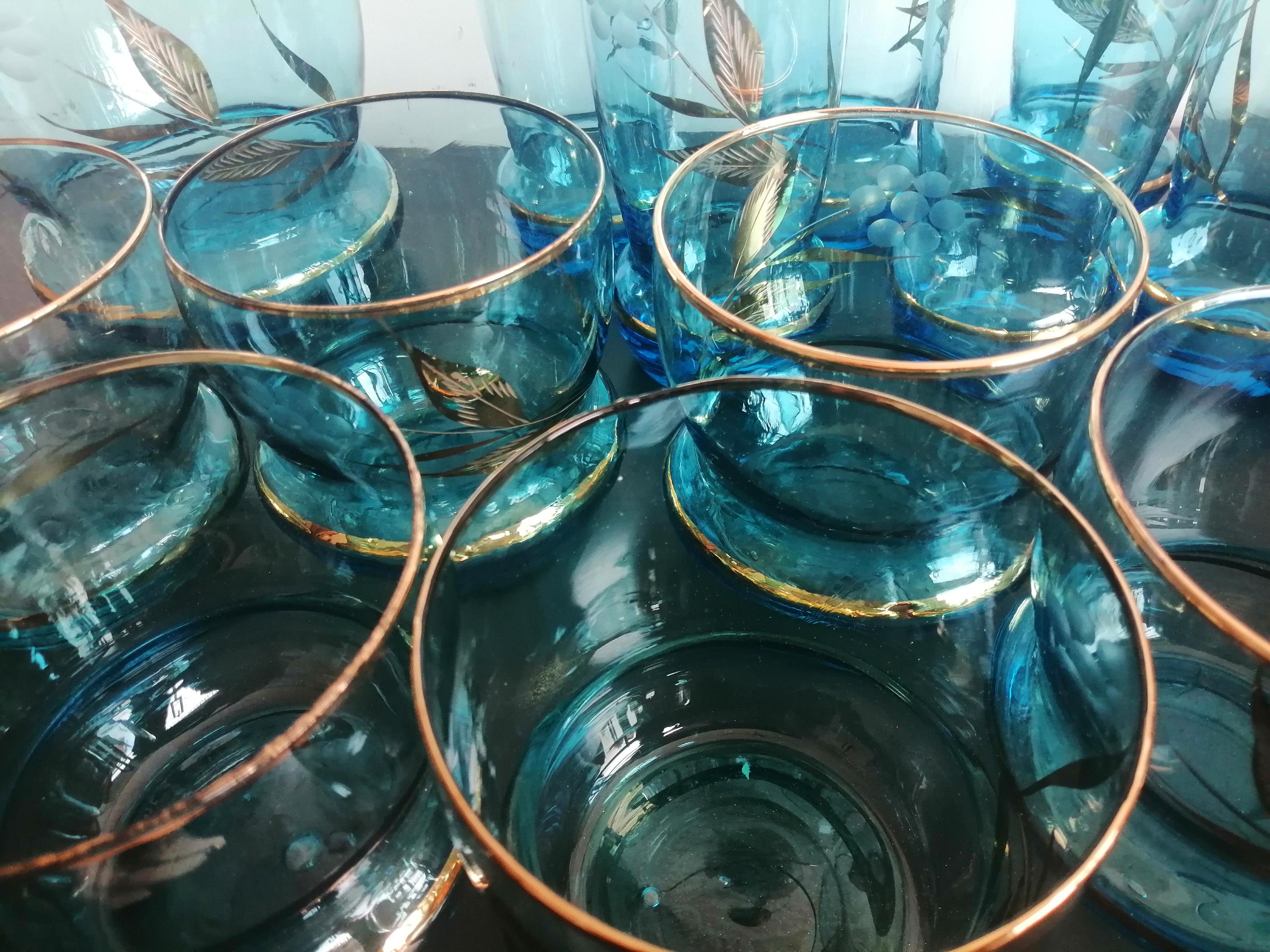 12 Glasses & Ice Bucket Blue and  Gold Crystal  Art Deco In Excellent Condition For Sale In Mombuey, Zamora