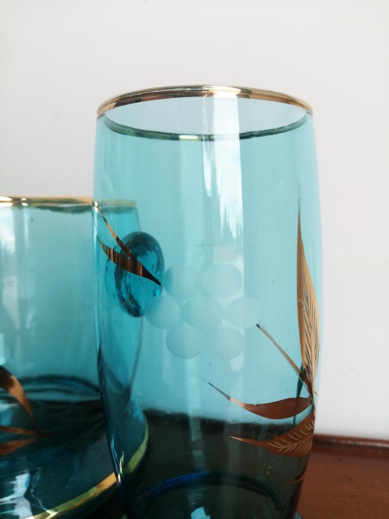 12 Glasses and Ice Bucket Blue and Gold Crystal Art Deco For Sale at