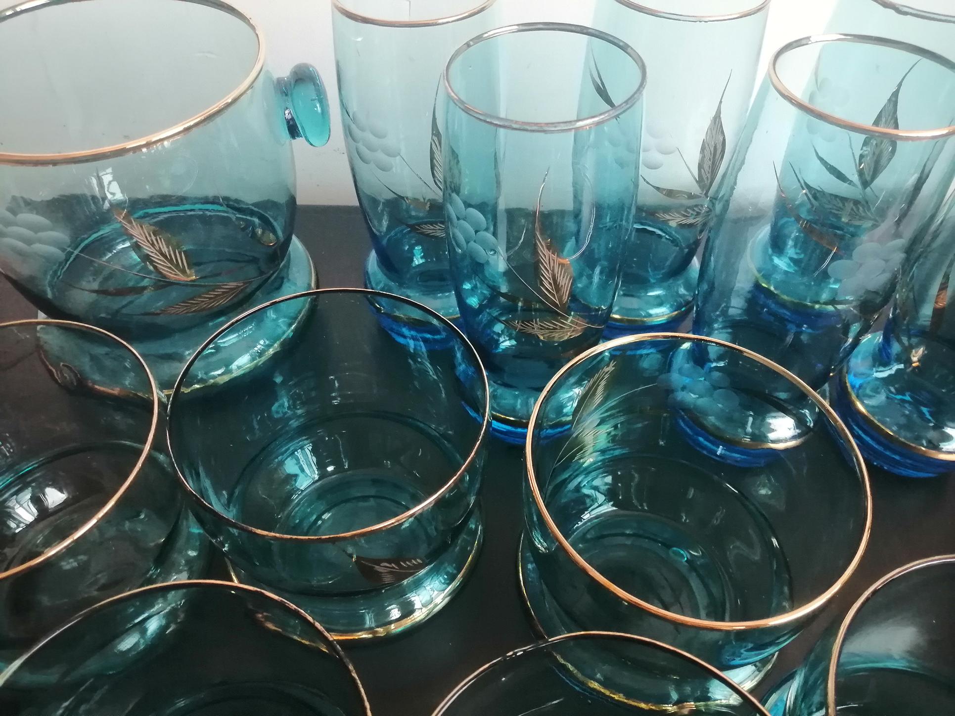 12 Glasses & Ice Bucket Blue and  Gold Crystal  Art Deco For Sale 1