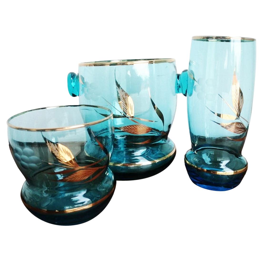 12 Glasses & Ice Bucket Blue and  Gold Crystal  Art Deco For Sale