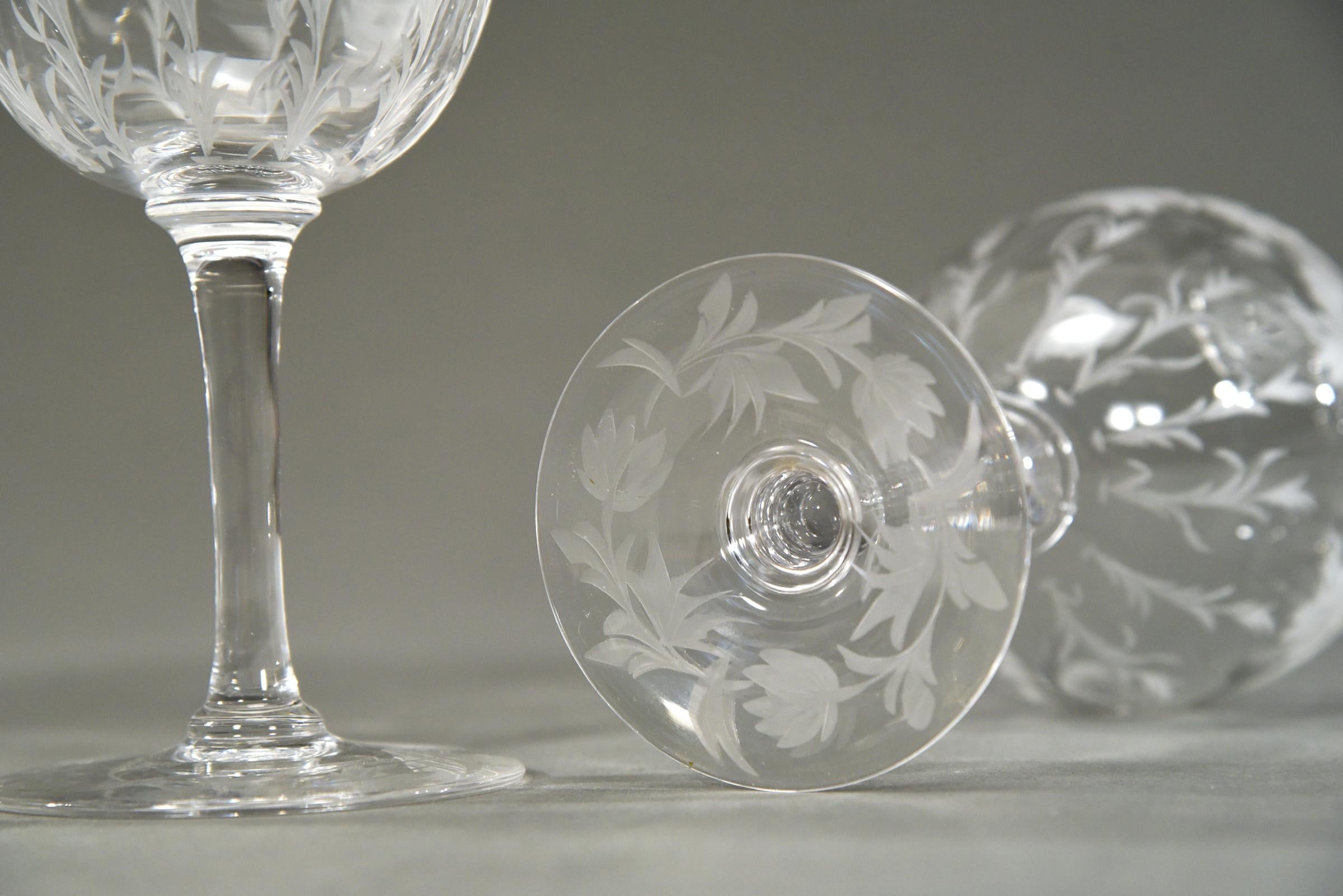 Arts and Crafts 12 Hand Blown Signed Libbey Wheel Cut Crystal Goblets Arts & Crafts Floral Motif For Sale