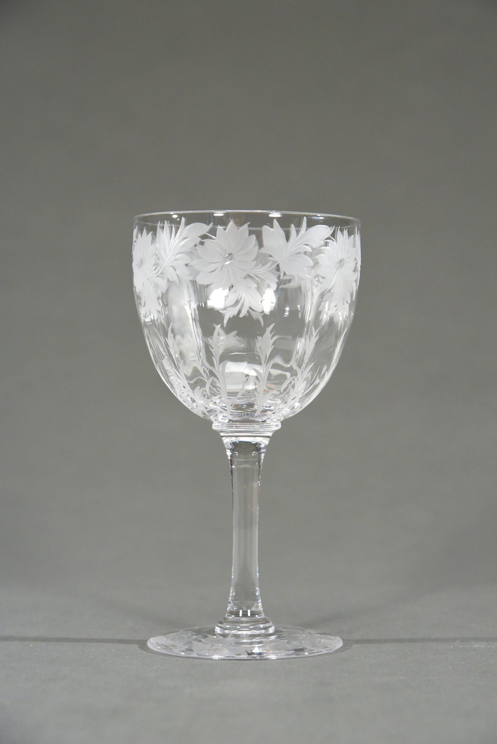 12 Hand Blown Signed Libbey Wheel Cut Crystal Goblets Arts & Crafts Floral Motif In Excellent Condition For Sale In Great Barrington, MA