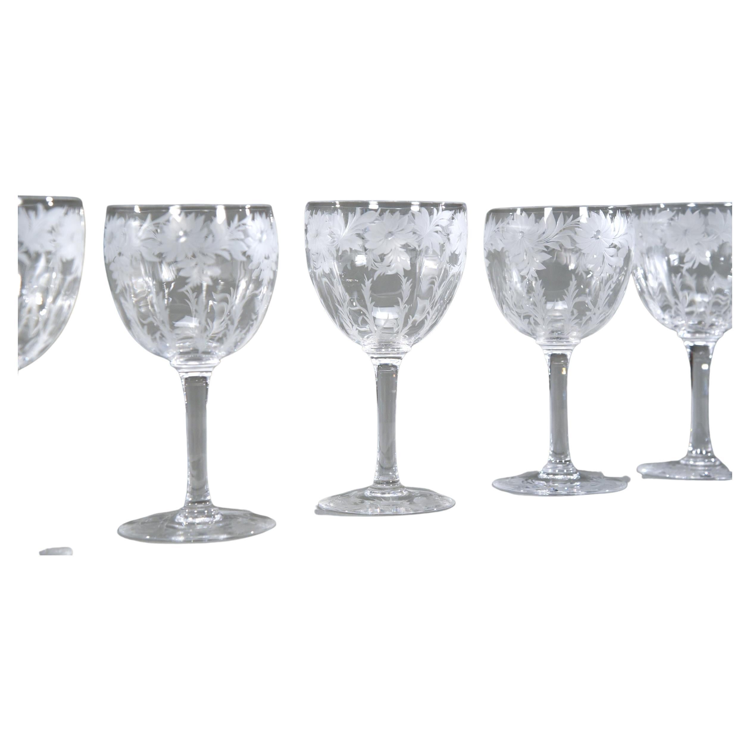 12 Hand Blown Signed Libbey Wheel Cut Crystal Goblets Arts & Crafts Floral Motif For Sale
