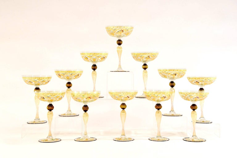 Italian 12 Handblown Venetian Salviati Hand-Painted Gold Champagne Coupes with Birds For Sale