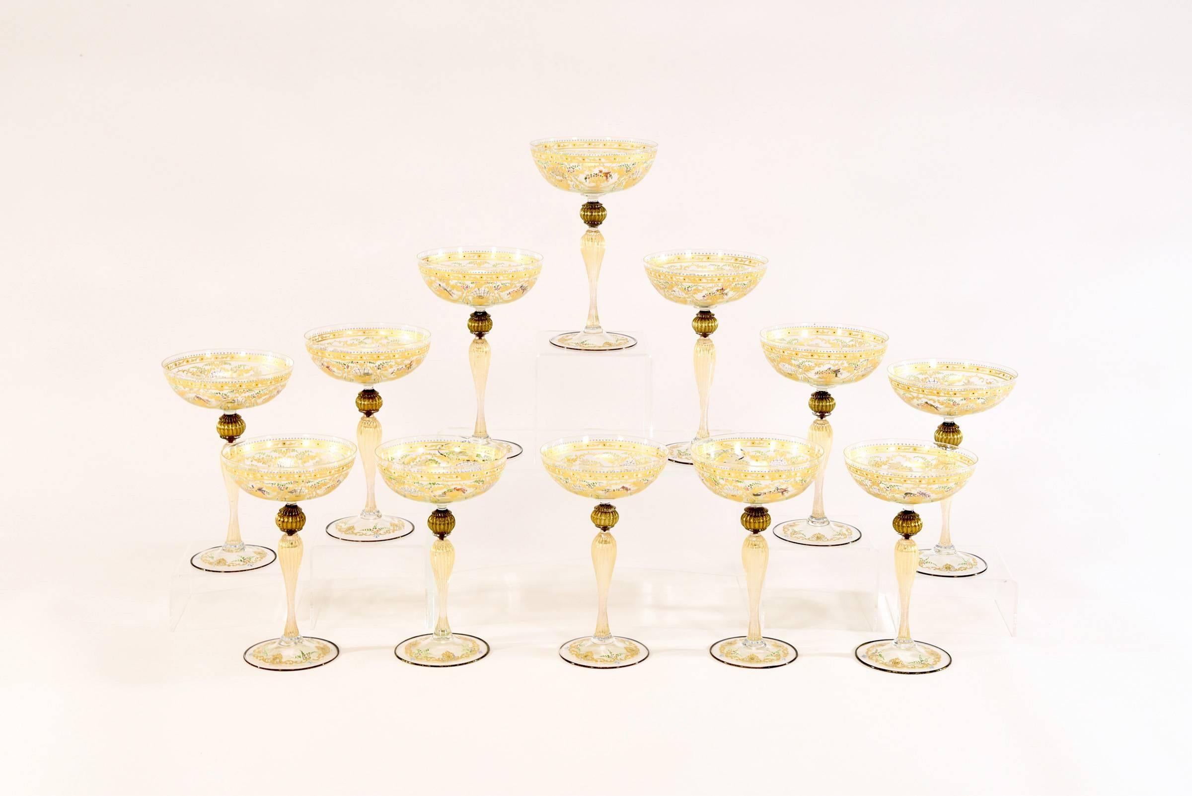 Italian 12 Handblown Venetian Salviati Hand-Painted Gold Champagne Coupes with Birds