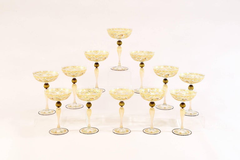 Enameled 12 Handblown Venetian Salviati Hand-Painted Gold Champagne Coupes with Birds For Sale