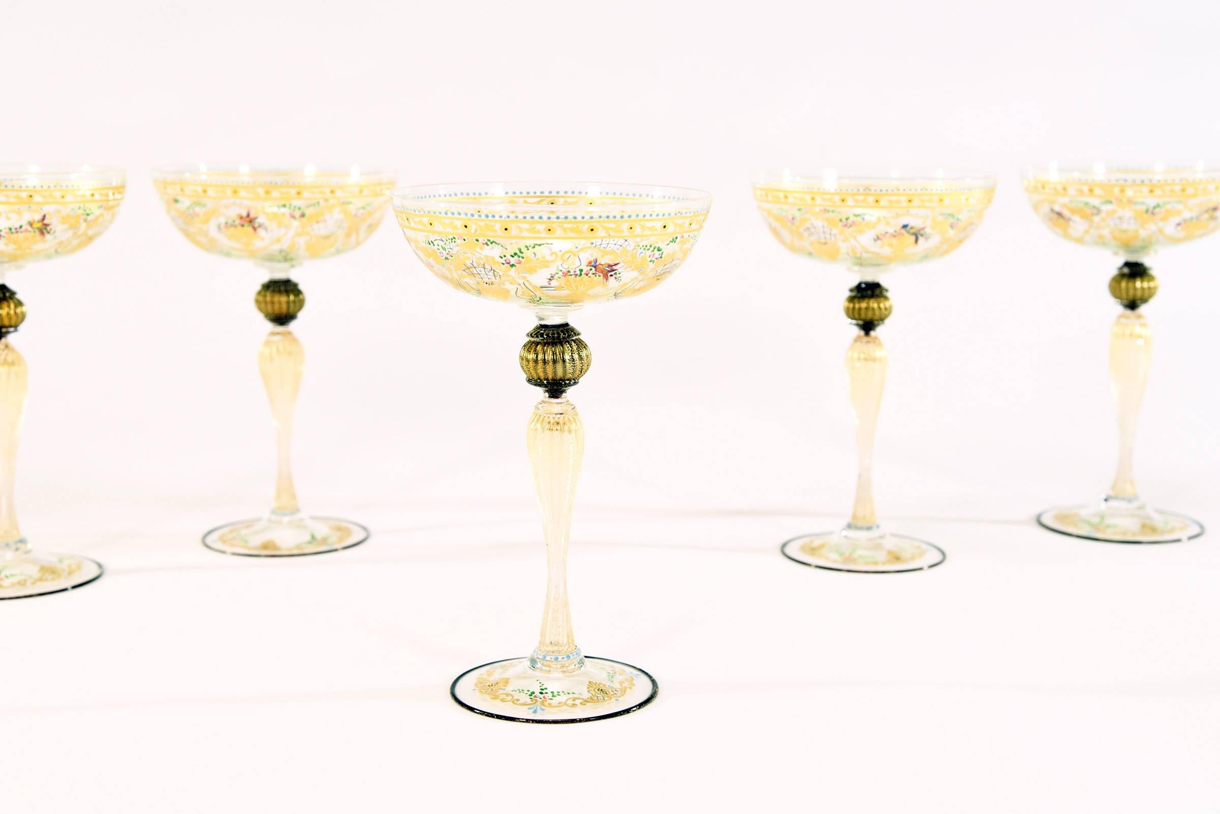 Enameled 12 Handblown Venetian Salviati Hand-Painted Gold Champagne Coupes with Birds