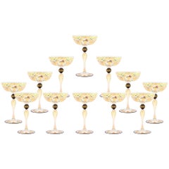 12 Handblown Venetian Salviati Hand-Painted Gold Champagne Coupes with Birds