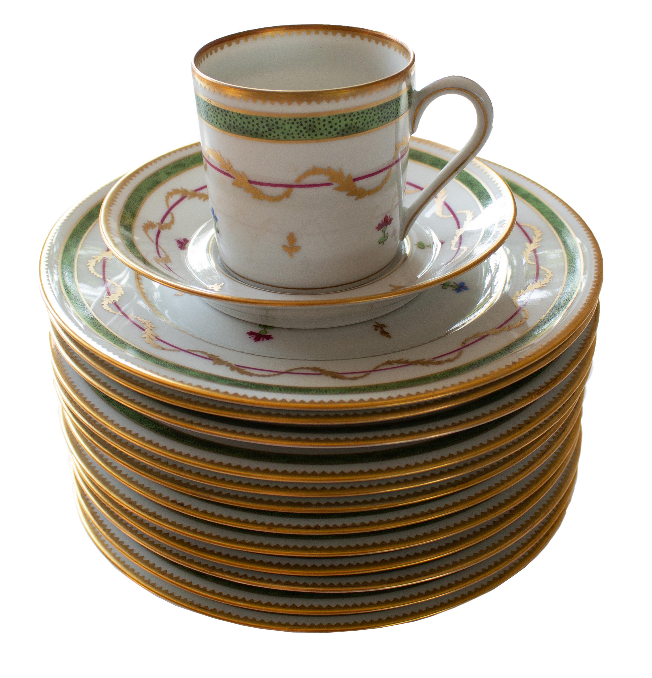 12 Haviland Vieux Paris Verde, Tazas, Platos y Platos de Postre, Limoges París Romántico en venta