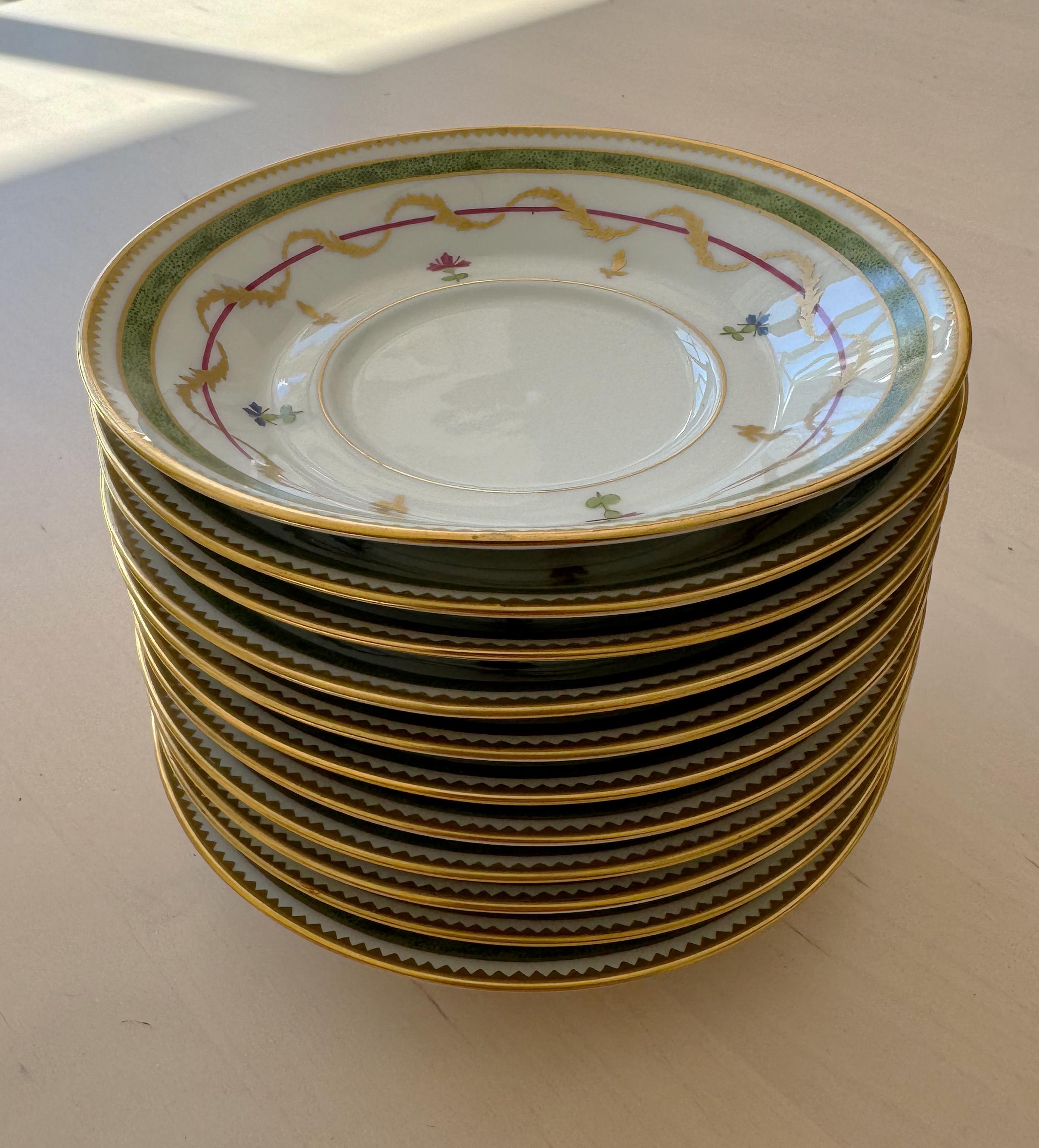 12 Haviland Vieux Paris Verde, Tazas, Platos y Platos de Postre, Limoges París Pintado a mano en venta
