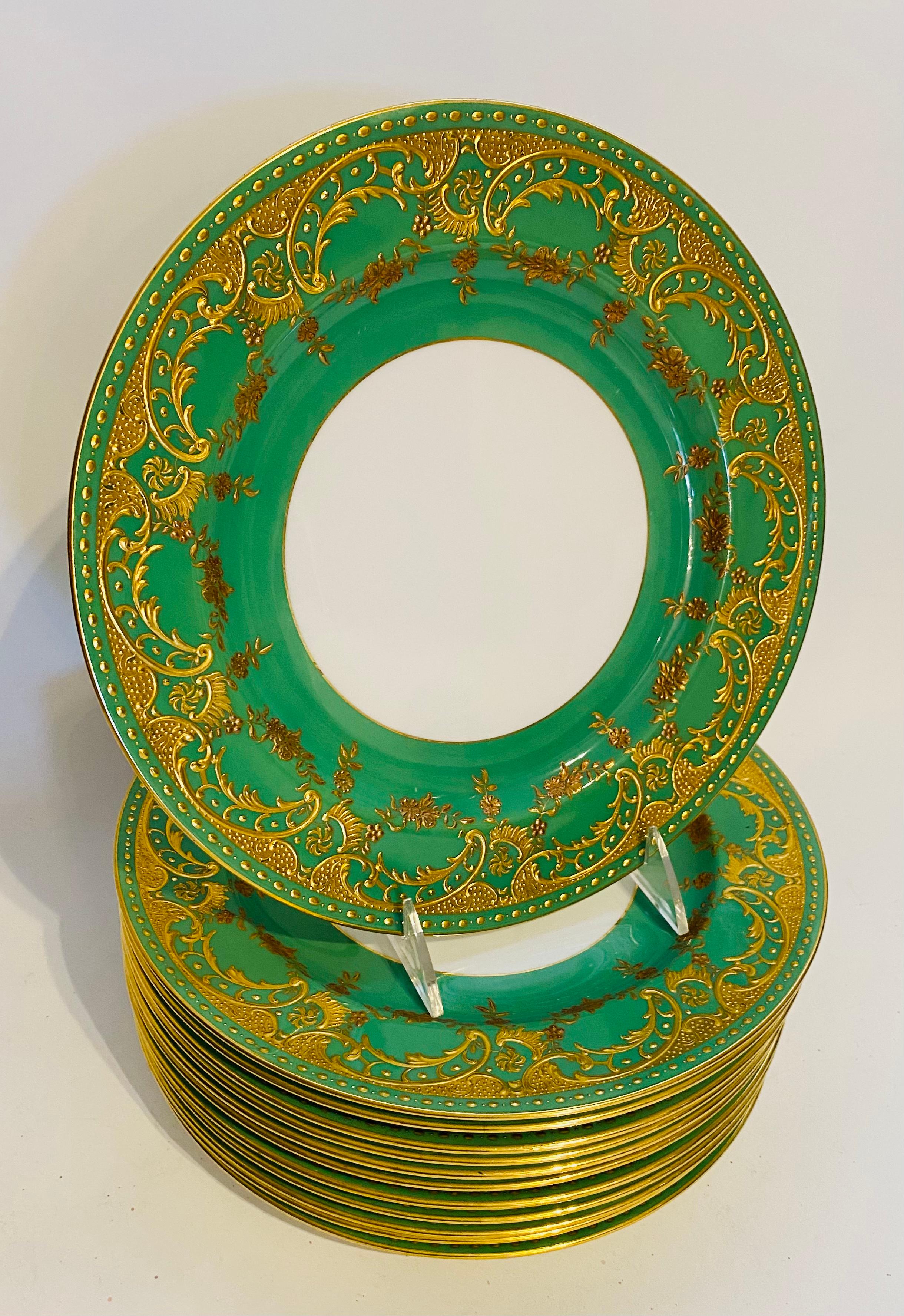 A gorgeous set ! Please click on the pictures to see the detail and enlarge. Heavy raised paste gilding on a vibrant green collar and custom ordered through the fine Gilded Age Retailer Gilman Collamore & Co New York. Wonderful and detailed design