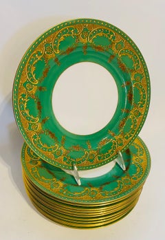 12 Heavily Gilt Encrusted Antique Green & Gold Minton England Dinner Plates