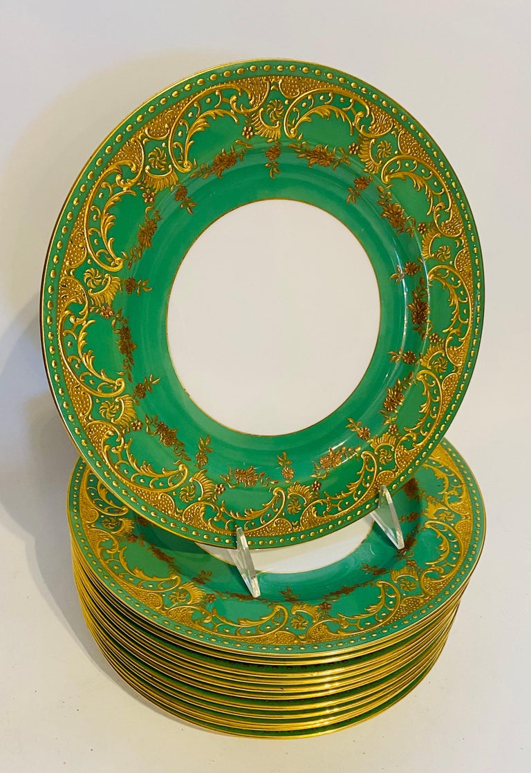 12 Heavily Gilt Encrusted Antique Green and Gold Minton England Dinner Plates For Sale at 1stDibs