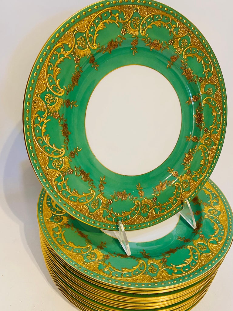 12 Heavily Gilt Encrusted Antique Green and Gold Minton England Dinner Plates For Sale at 1stDibs