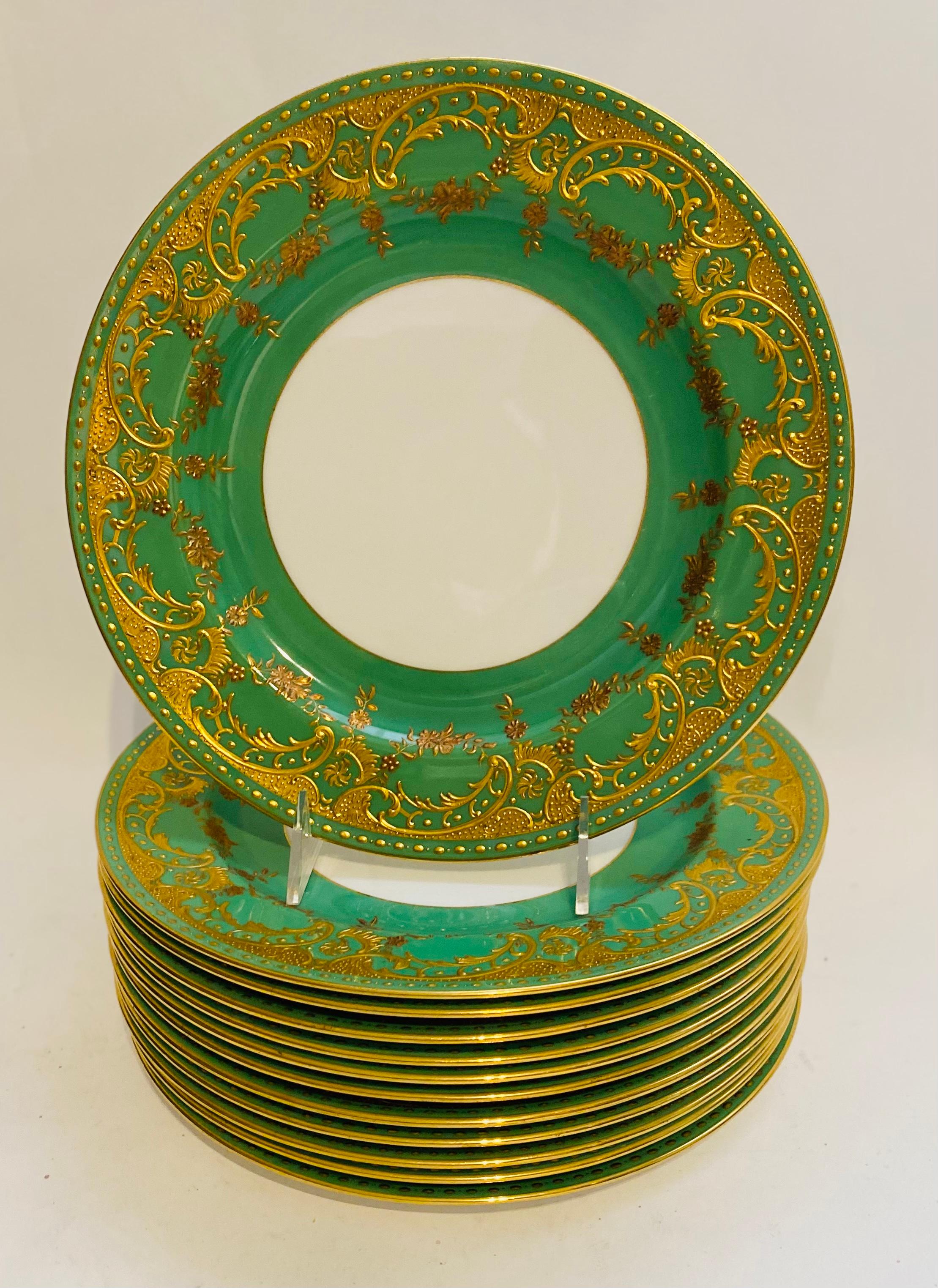 Neoclassical 12 Heavily Gilt Encrusted Antique Green & Gold Minton England Dinner Plates For Sale