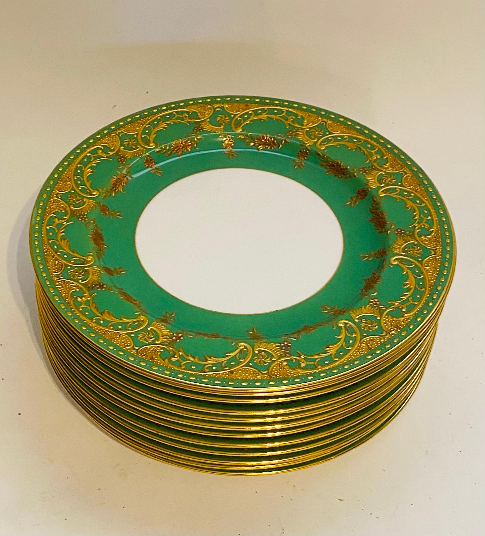 British 12 Heavily Gilt Encrusted Antique Green & Gold Minton England Dinner Plates For Sale