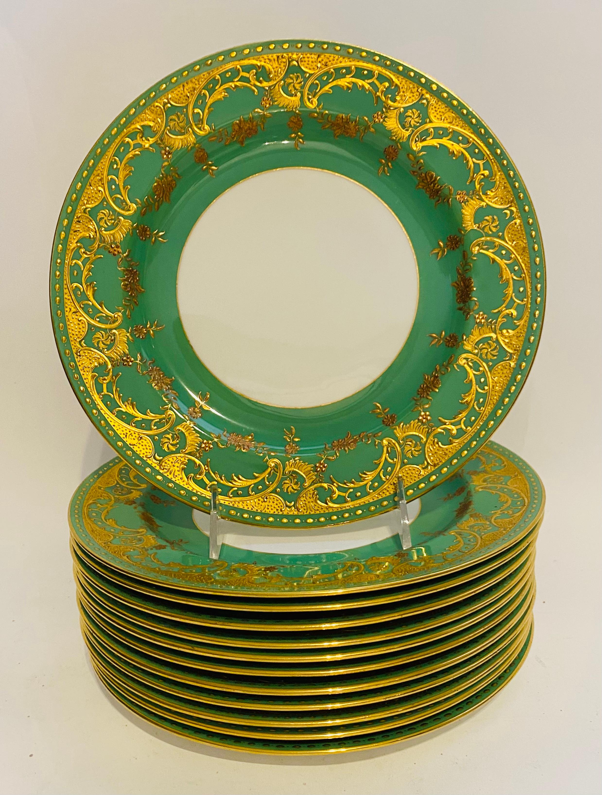 Hand-Crafted 12 Heavily Gilt Encrusted Antique Green & Gold Minton England Dinner Plates For Sale