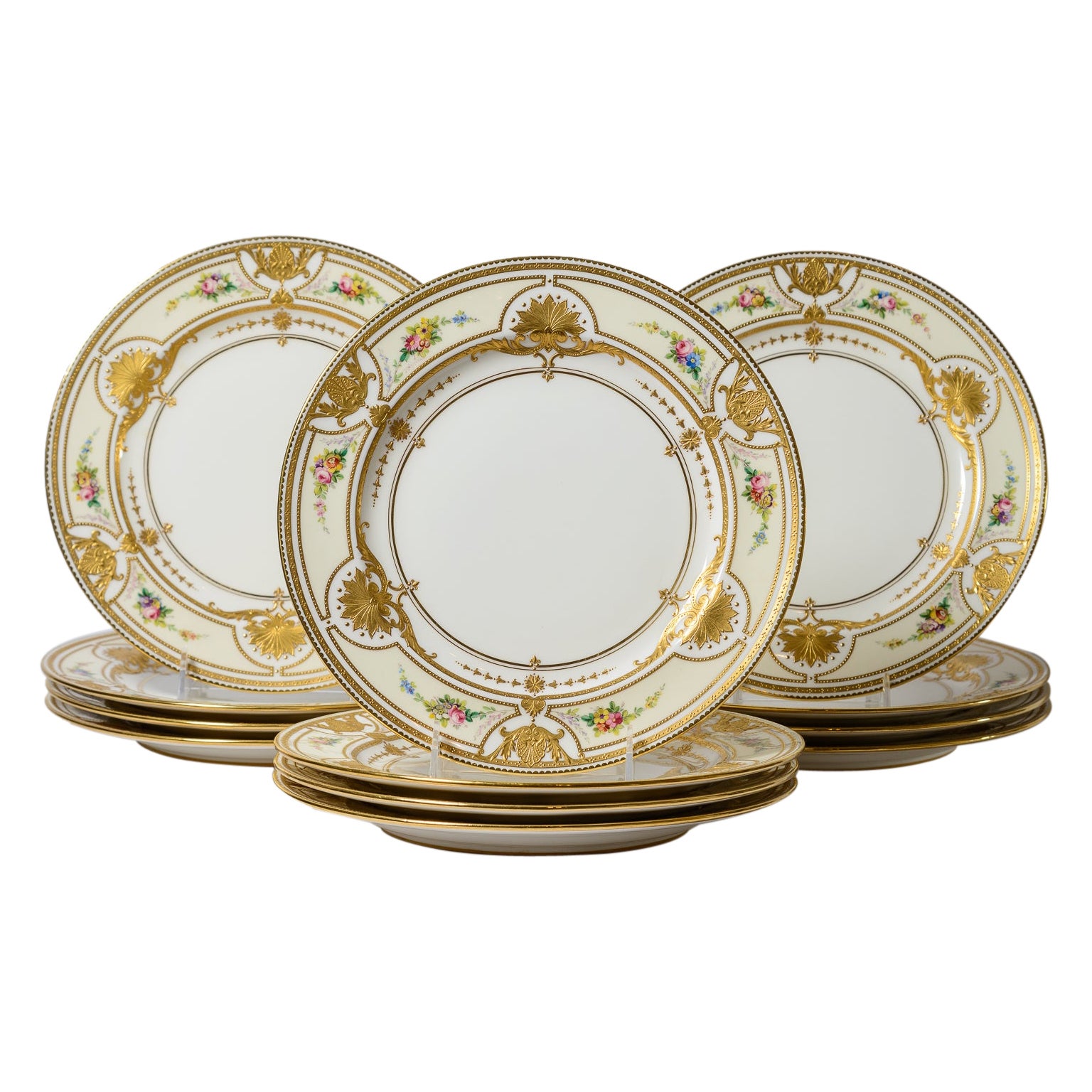 12 Heavily Gilt Encrusted Antique Minton England Dinner Plates, Artist Signed