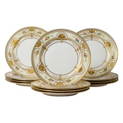 12 Heavily Gilt Encrusted Antique Minton England Dinner Plates, Artist Signed