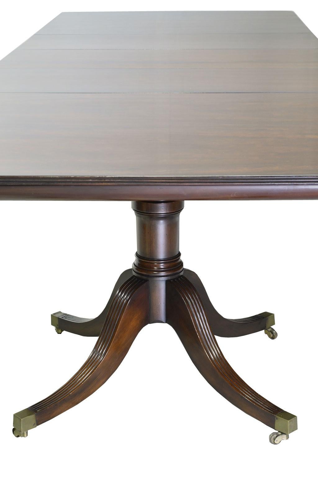 Brass 12' Hepplewhite-Style Dining Table Mahogany, 2 Pedestals, 3 Leaves, circa 1945