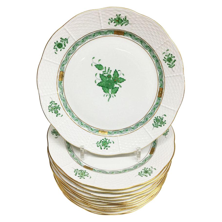 12 Herend "Chinese Bouquet Apponyi Green" Dinner Plates