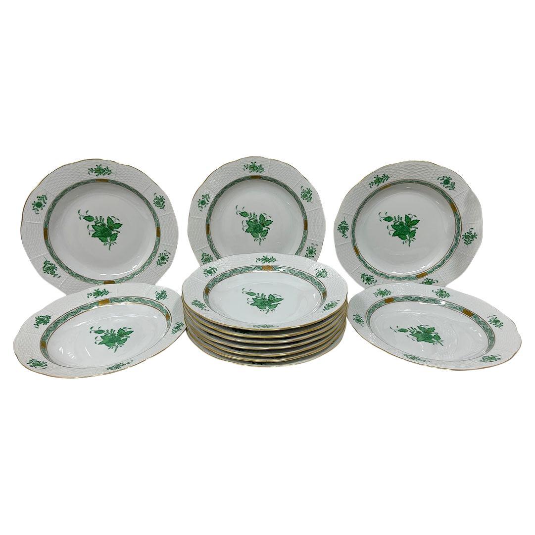Vintage Japanese Green Bamboo and Gold Rim China Set of 23 Pieces