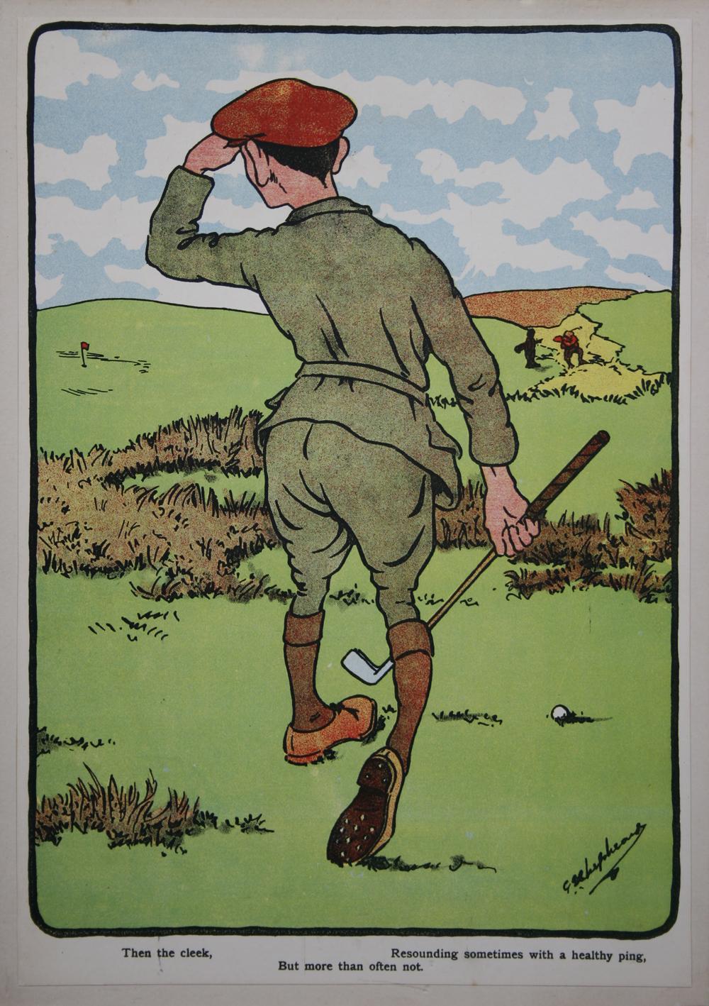 Humorous Golfing prints.
A wonderful set of 12 Humorous Golfing Incidents after G. E. Shepherd. This is a very rare set of amusing golf scenes by the early 20th century illustrator of whom little is known. Each chromolithographic print is mounted