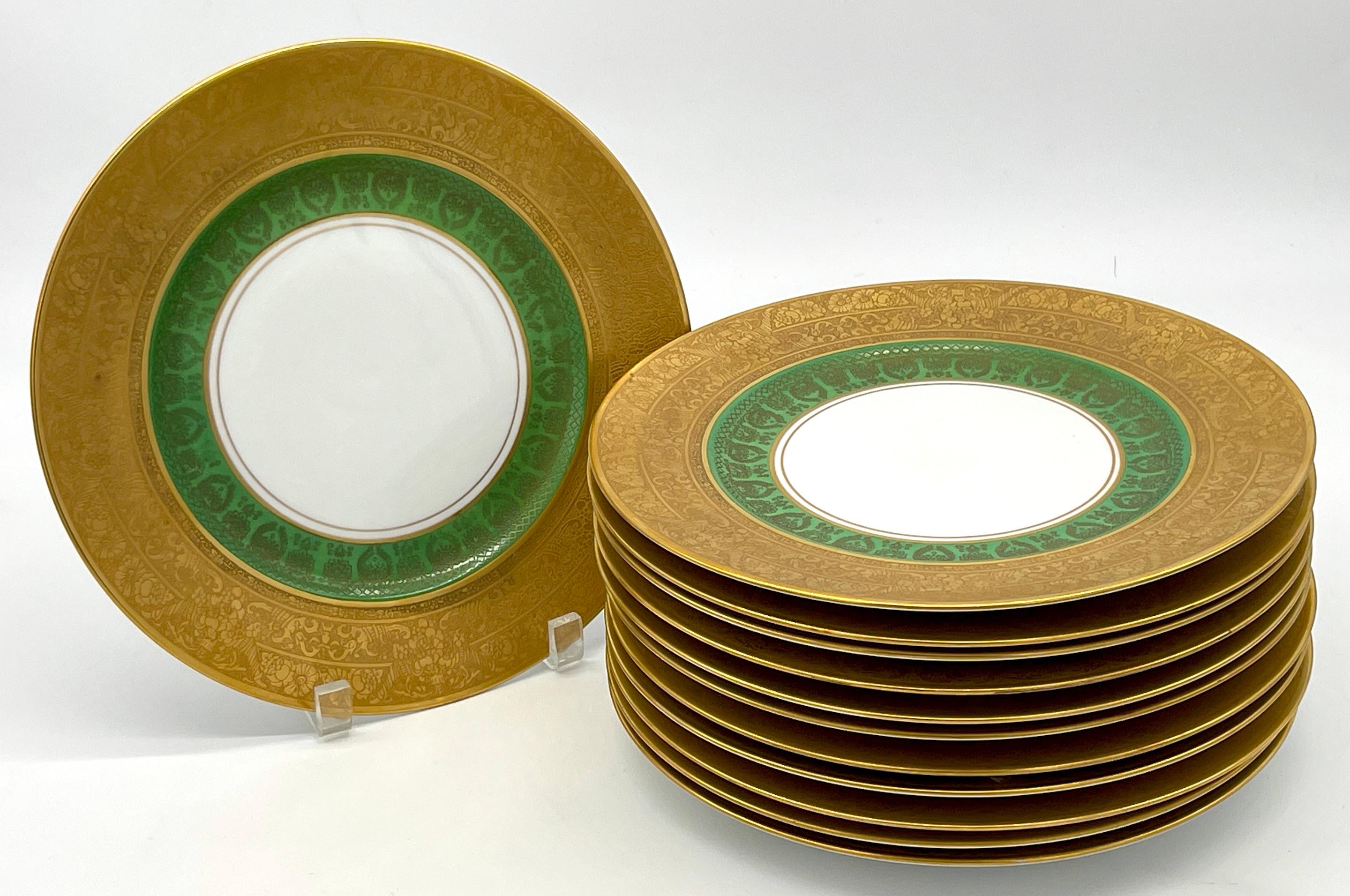 German 12 Hutchenreuther Gold Encrusted & Green Border Neoclassical Service Plates