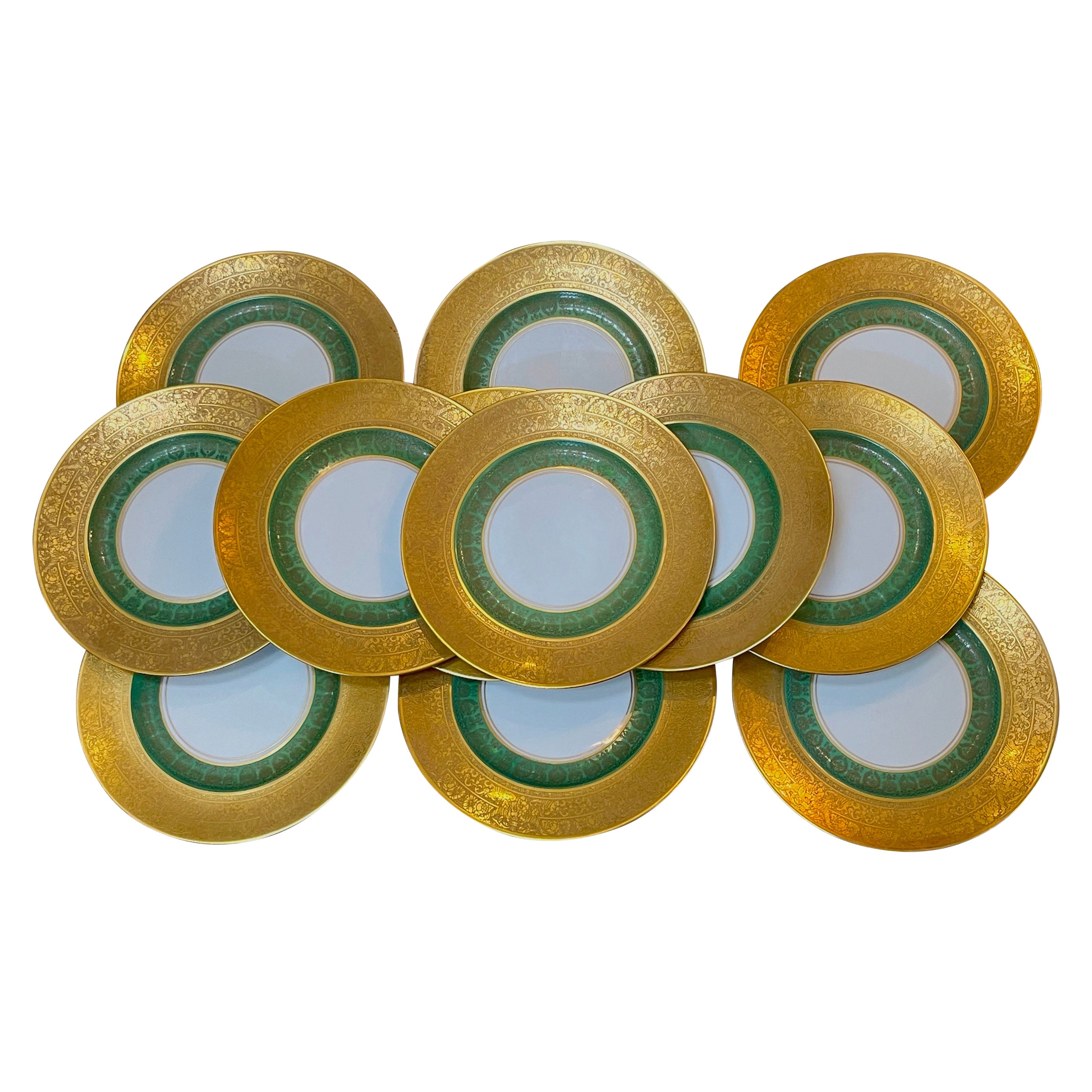 12 Hutchenreuther Gold Encrusted & Green Border Neoclassical Service Plates