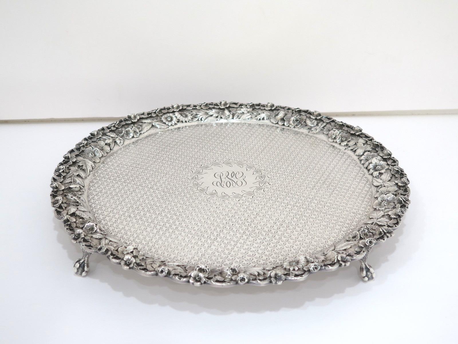 American 12 in - Sterling Silver S. Kirk & Son Antique Floral Repousse Footed Round Tray For Sale