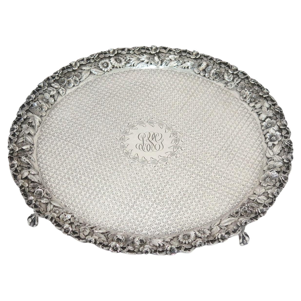 12 in - Sterling Silver S. Kirk & Son Antique Floral Repousse Footed Round Tray For Sale