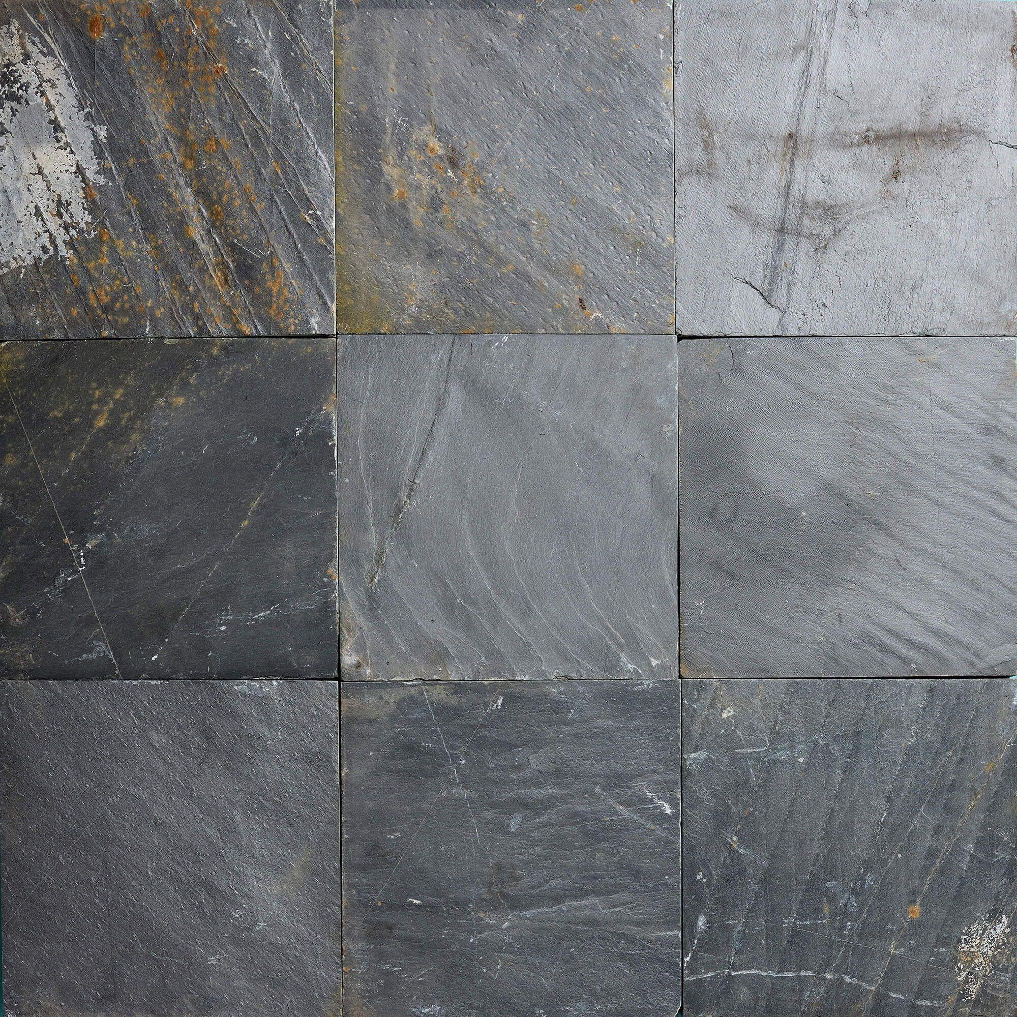 A large quantity of reclaimed Welsh slate floor tiles with a natural riven finish. There are 198 tiles in total, covering 17.8 m2 or 191 ft2.

Each tile approx. 30cm square (11. 81 inches). Thickness around 1.5 cm (varies).

Reclaimed, each tile