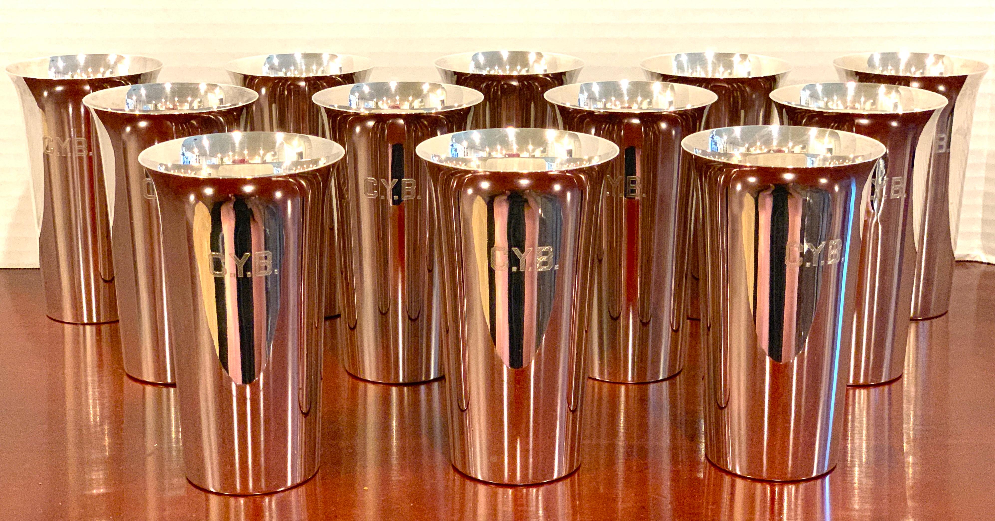 12 Italian Modern .950 Silver Mint Julep Cups, Each one tall and sleek bearing monogram of C.Y.B, Each one stamped 