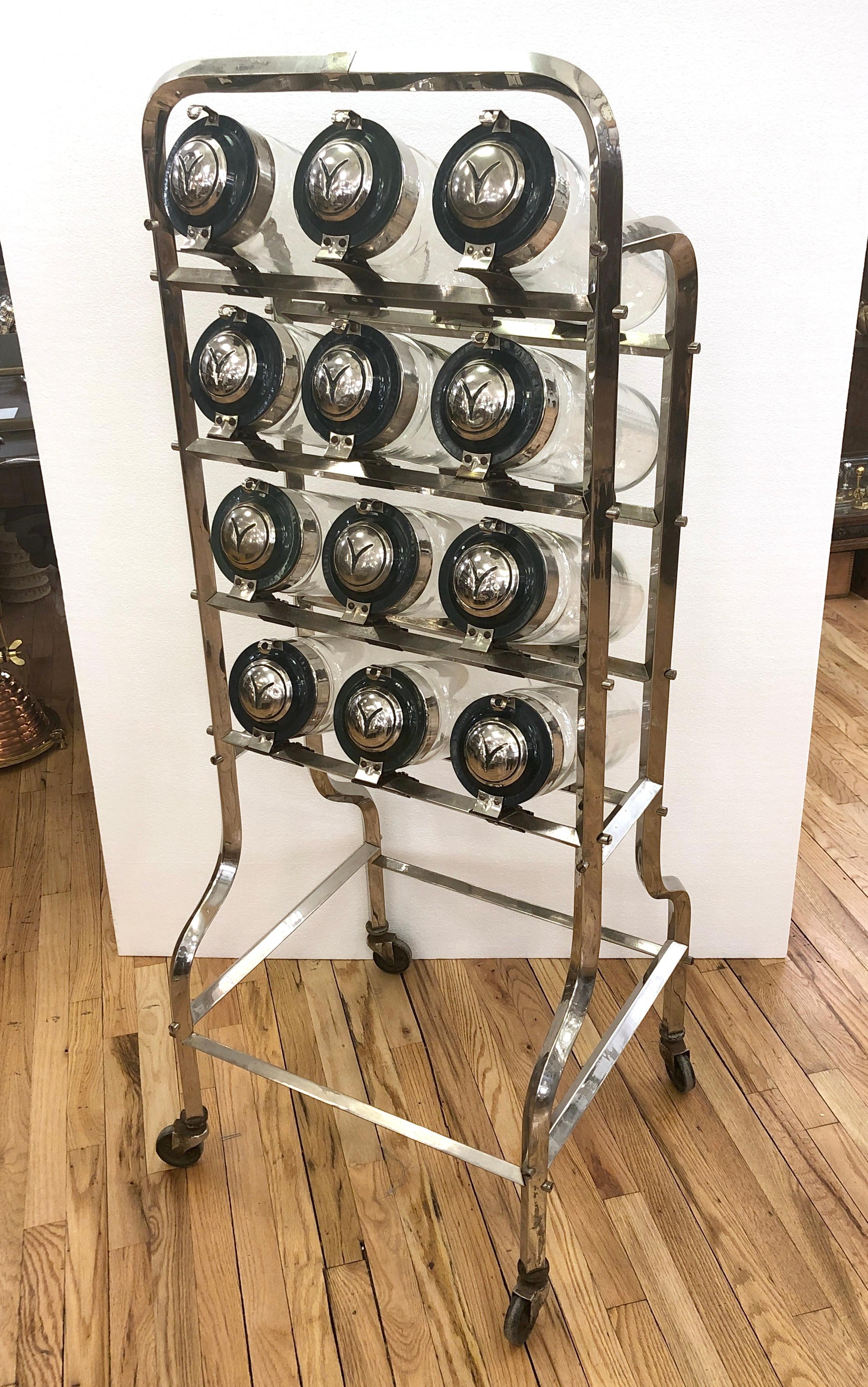 Brass 12 Jar Caramelera Candy Store Display Rack, Nickel Plated Stand & Jar Caps