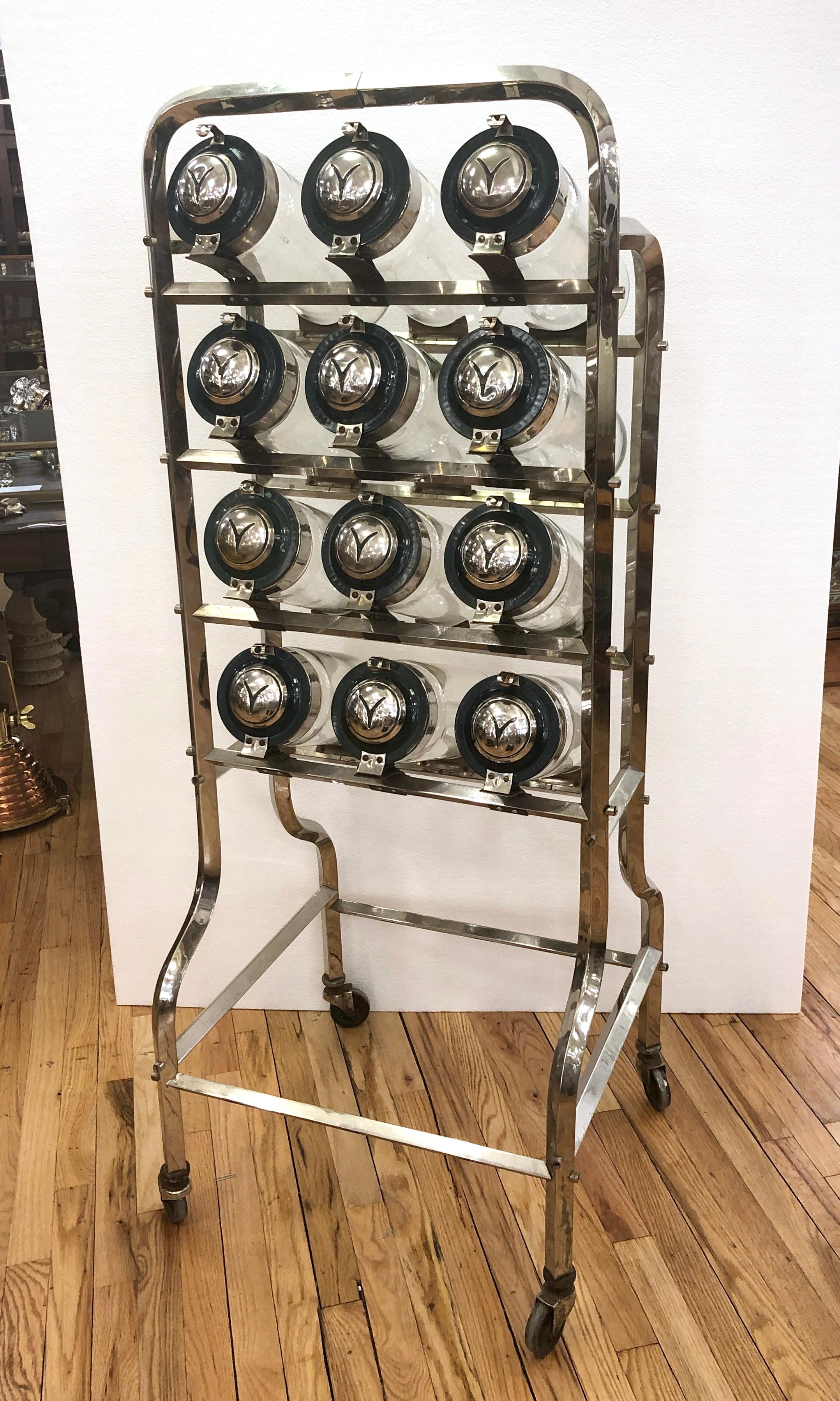 Mid-20th Century 12 Jar Caramelera Candy Store Display Rack, Nickel Plated Stand & Jar Caps