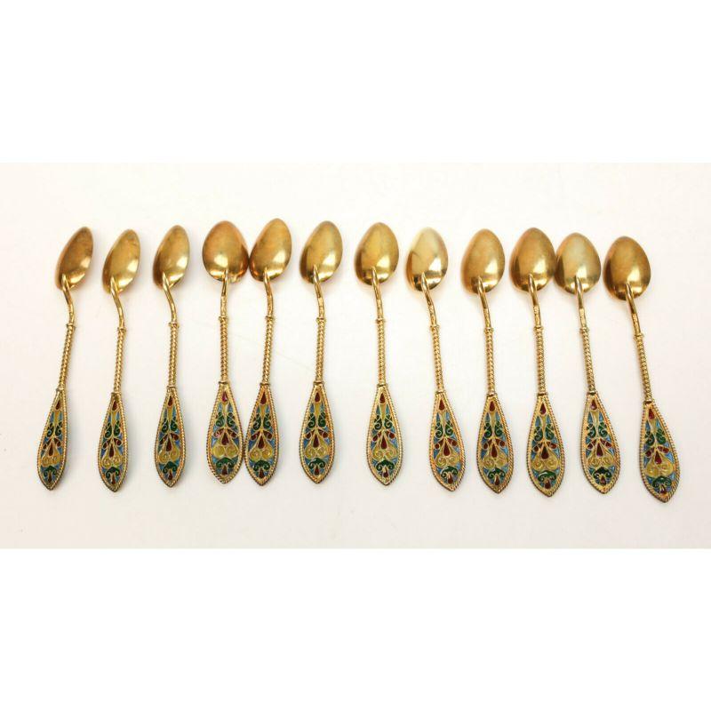 12 JGK Norwegian Gilt Sterling Silver Plique a Jour Demitasse Spoons In Good Condition For Sale In Gardena, CA