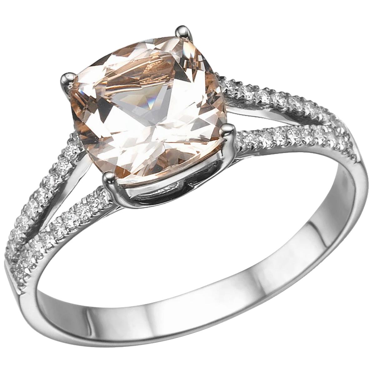 1.2 Karat 14 Karat White Gold Morganite and Diamonds Cushion Engagement Ring