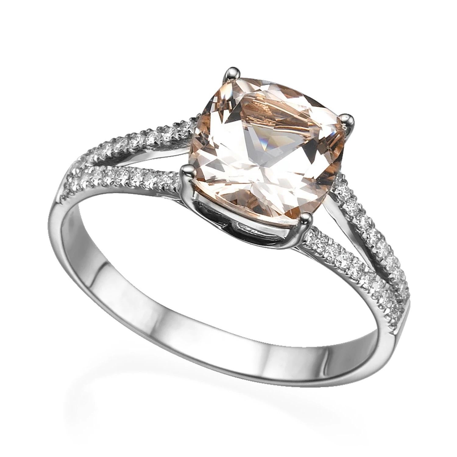 Art Deco 1.2 Karat 14 Karat White Gold Morganite and Diamonds Cushion Engagement Ring