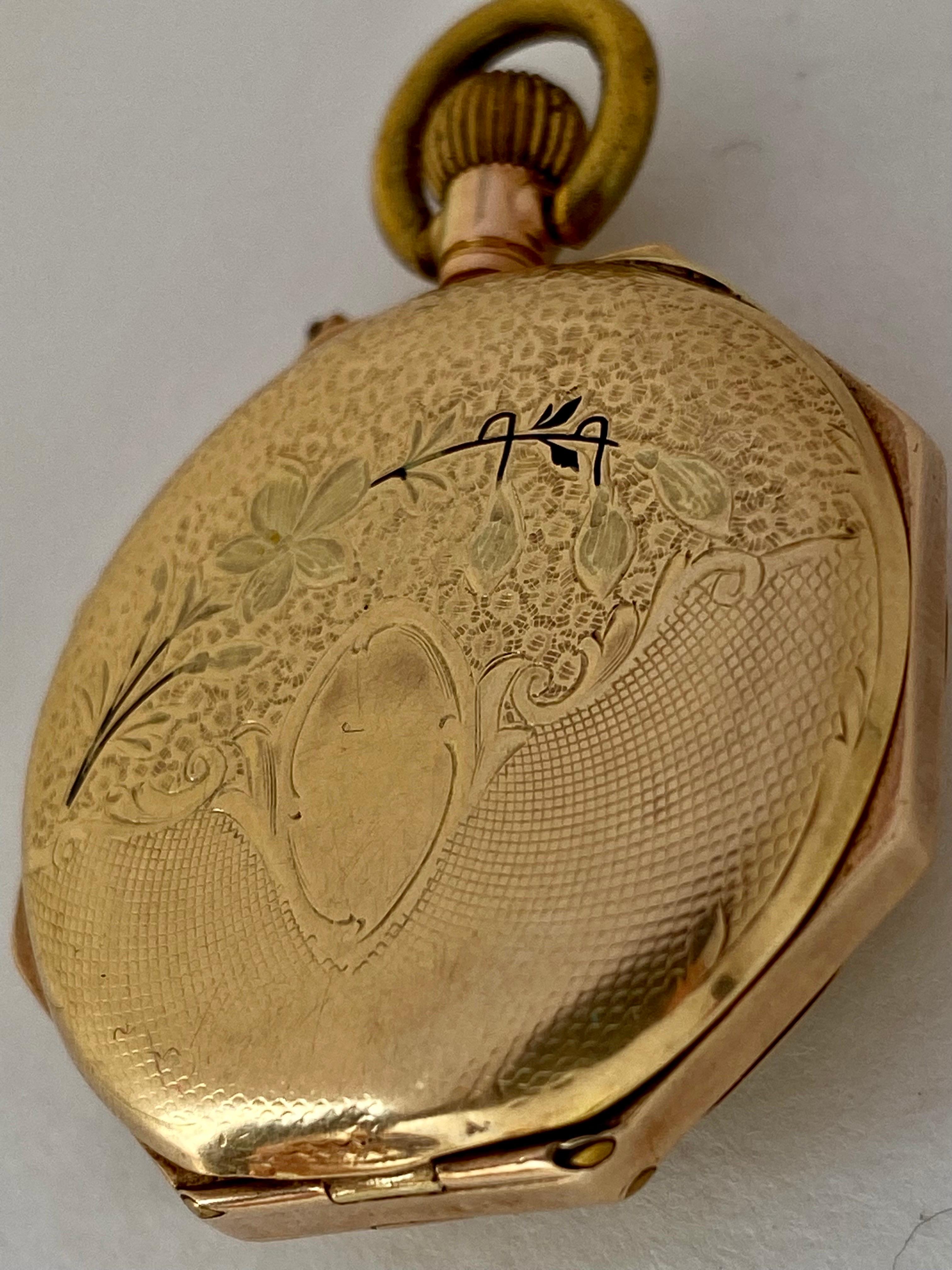 12 Karat Gold Octagonal Shape Full Engraved Case Antique Pocket / Fob Watch For Sale 3