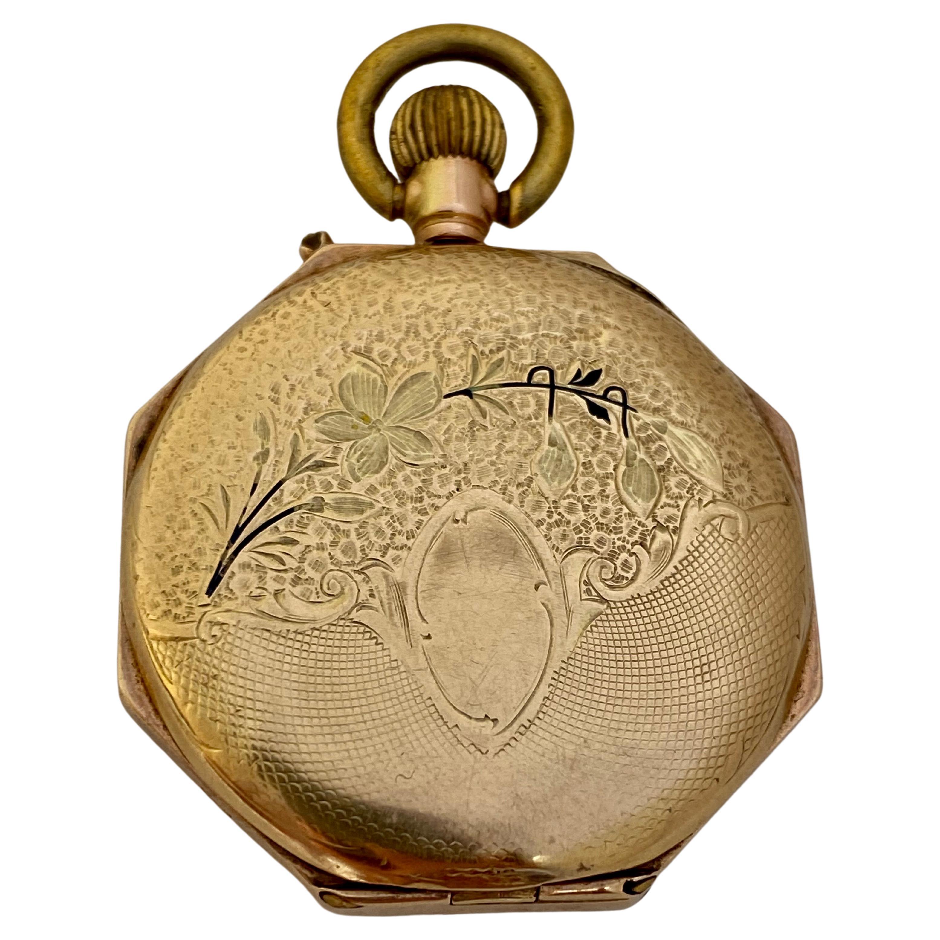 12 Karat Gold Octagonal Shape Full Engraved Case Antique Pocket / Fob Watch For Sale