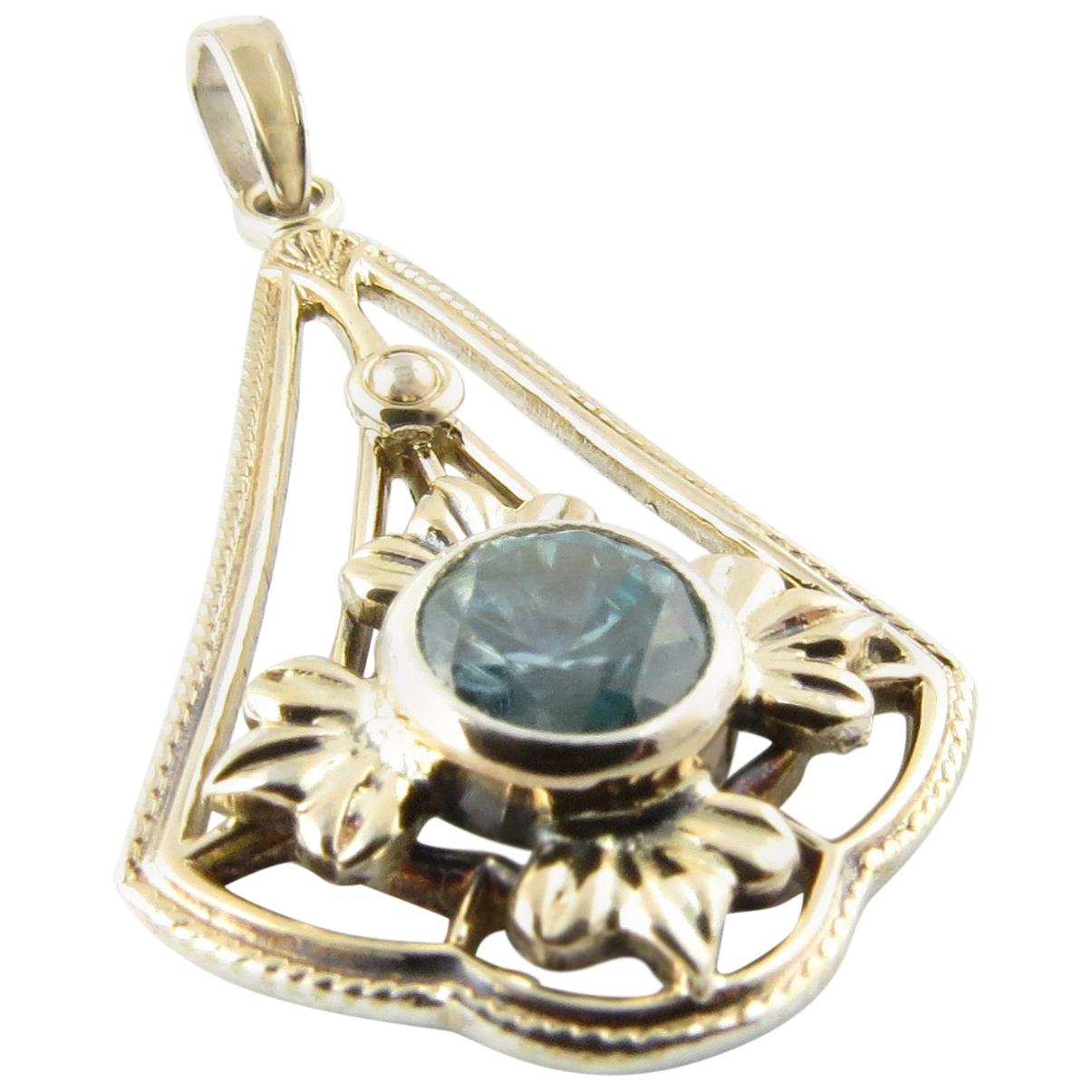 12 Karat White and Yellow Gold and Sterling Silver Blue Gemstone Pendant