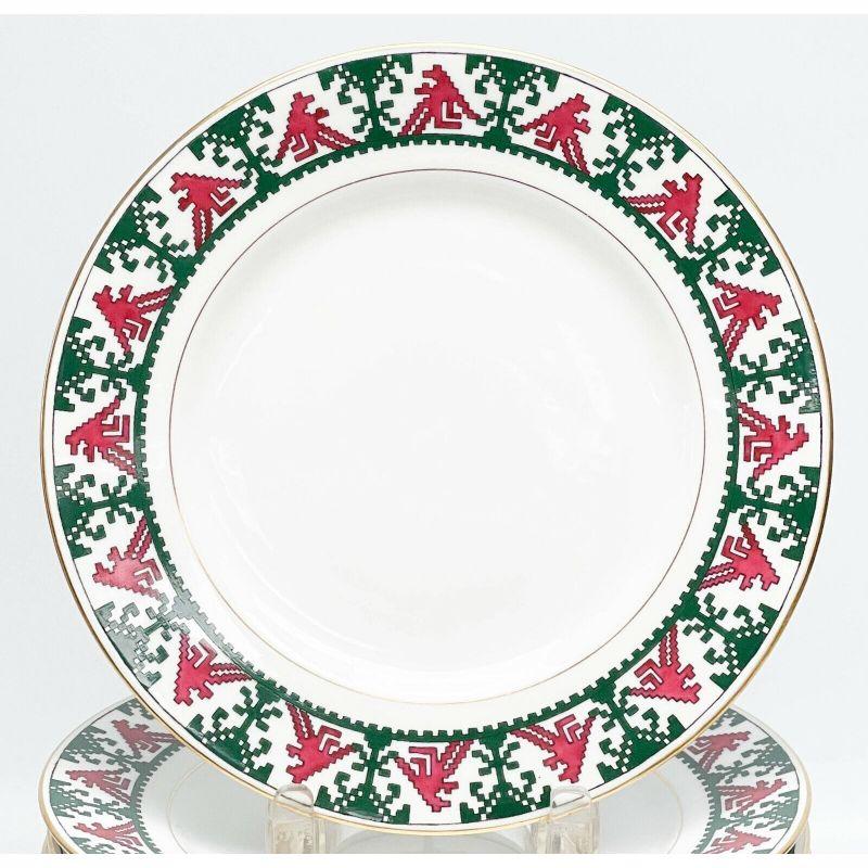 12 Kornilov Bros Imperial Russian Porcelain 9.6 inch plates Red & Green, c. 1910

12 Kornilov Bros Imperial Russian porcelain 9.6 inch plates in pattern N8, circa 1910. A white ground with red and green geometric patterns to the edge. Gilt to the