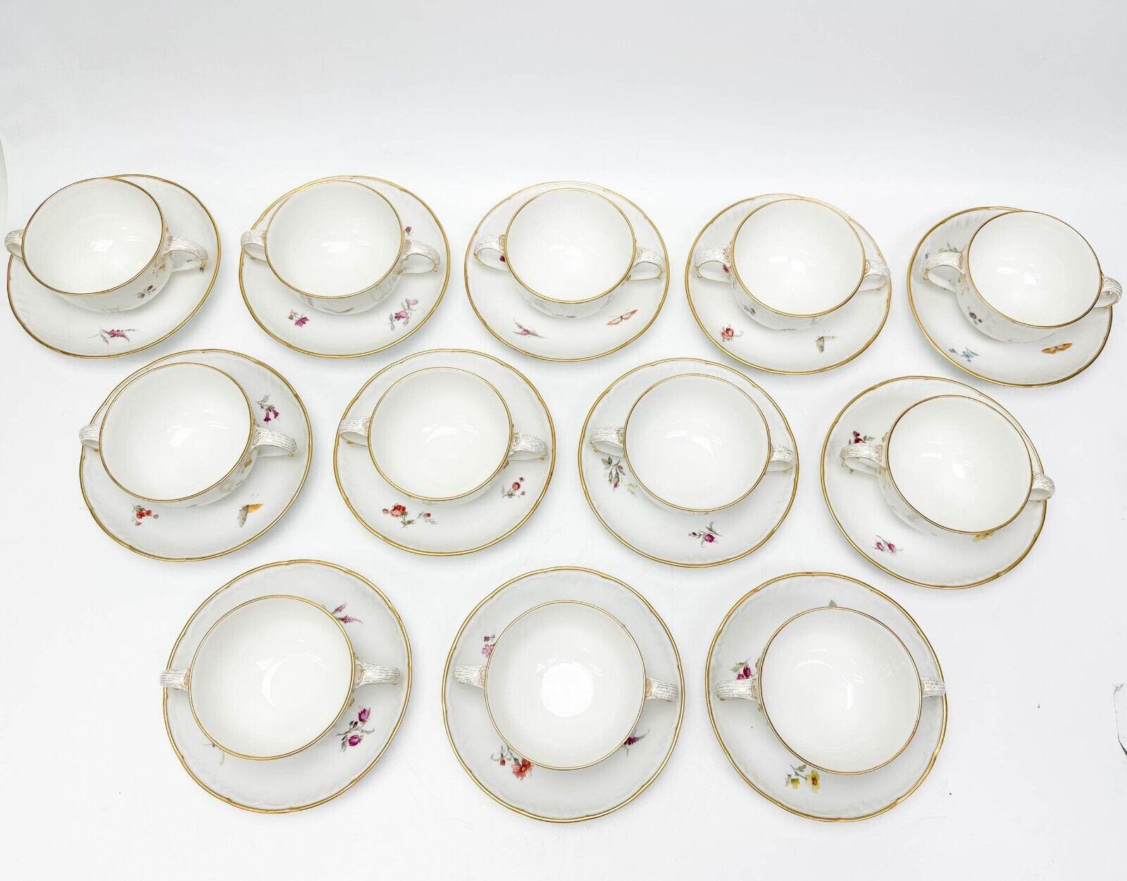 Early 20th Century  12 KPM Berlin German Hand Painted Porcelain Bouillon Bowls & Underplates c. 190 For Sale
