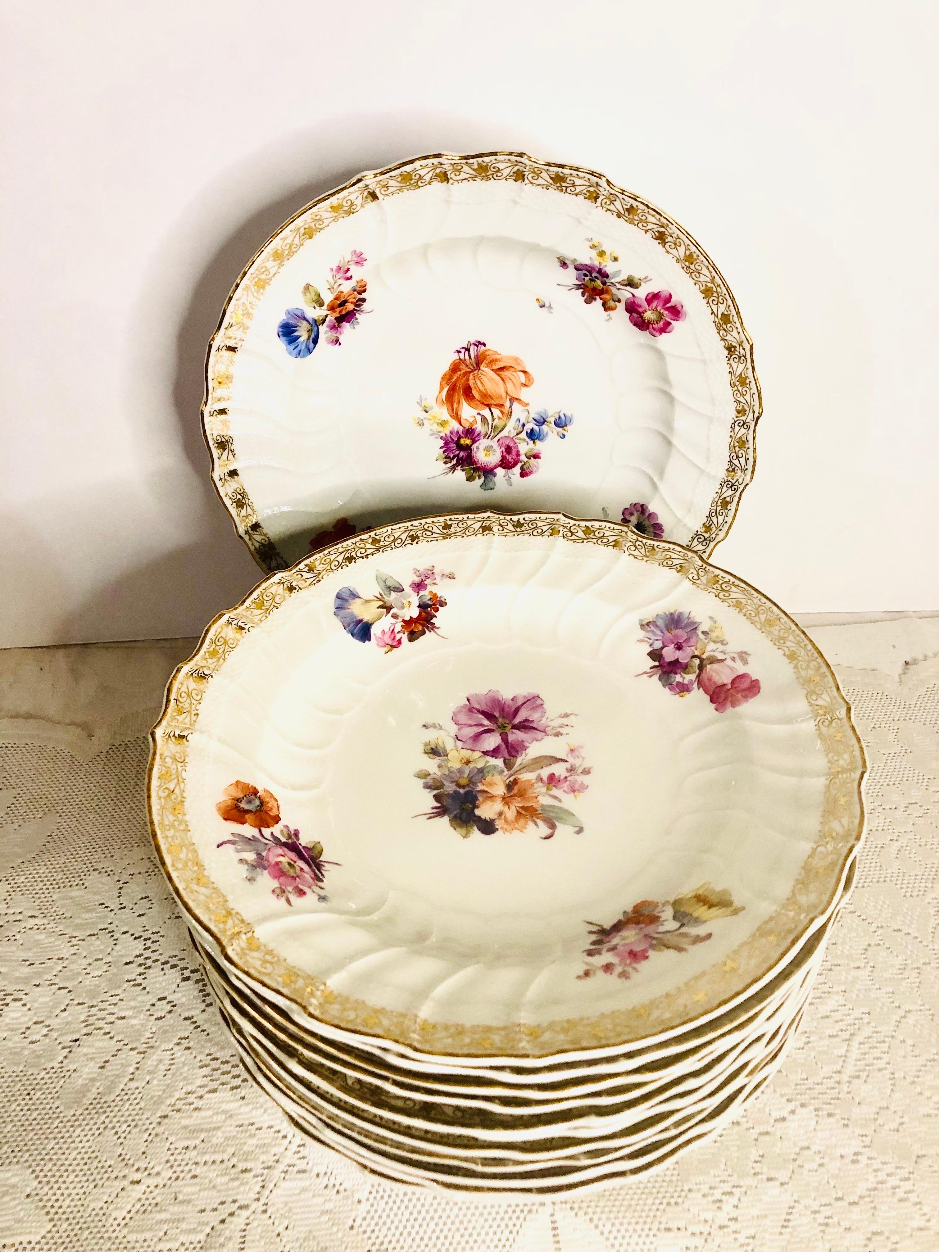 12 KPM Dinner Plates, Each Hand-Painted with a Different Central Flower Bouquet For Sale 9