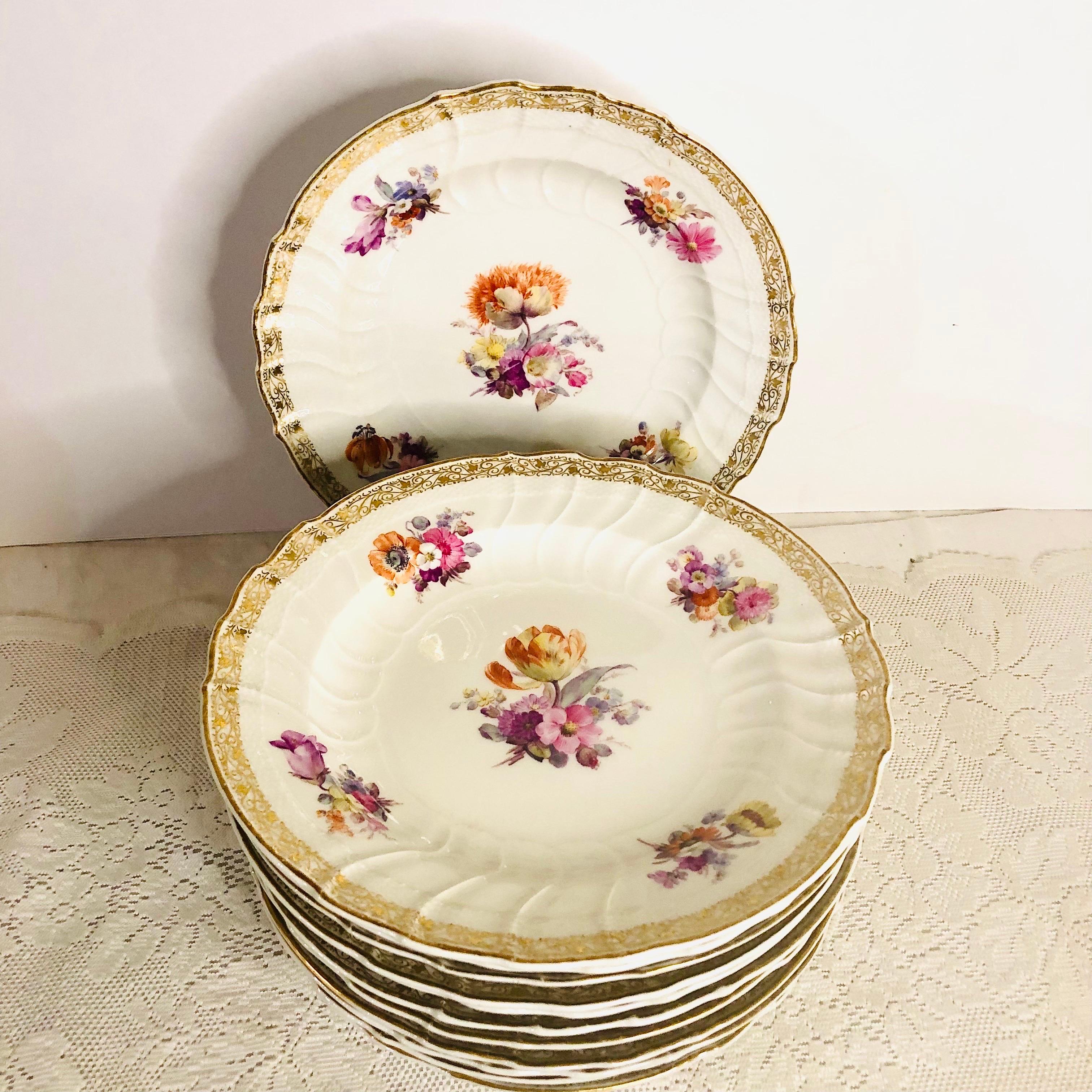 Romantic 12 KPM Dinner Plates, Each Hand-Painted with a Different Central Flower Bouquet For Sale