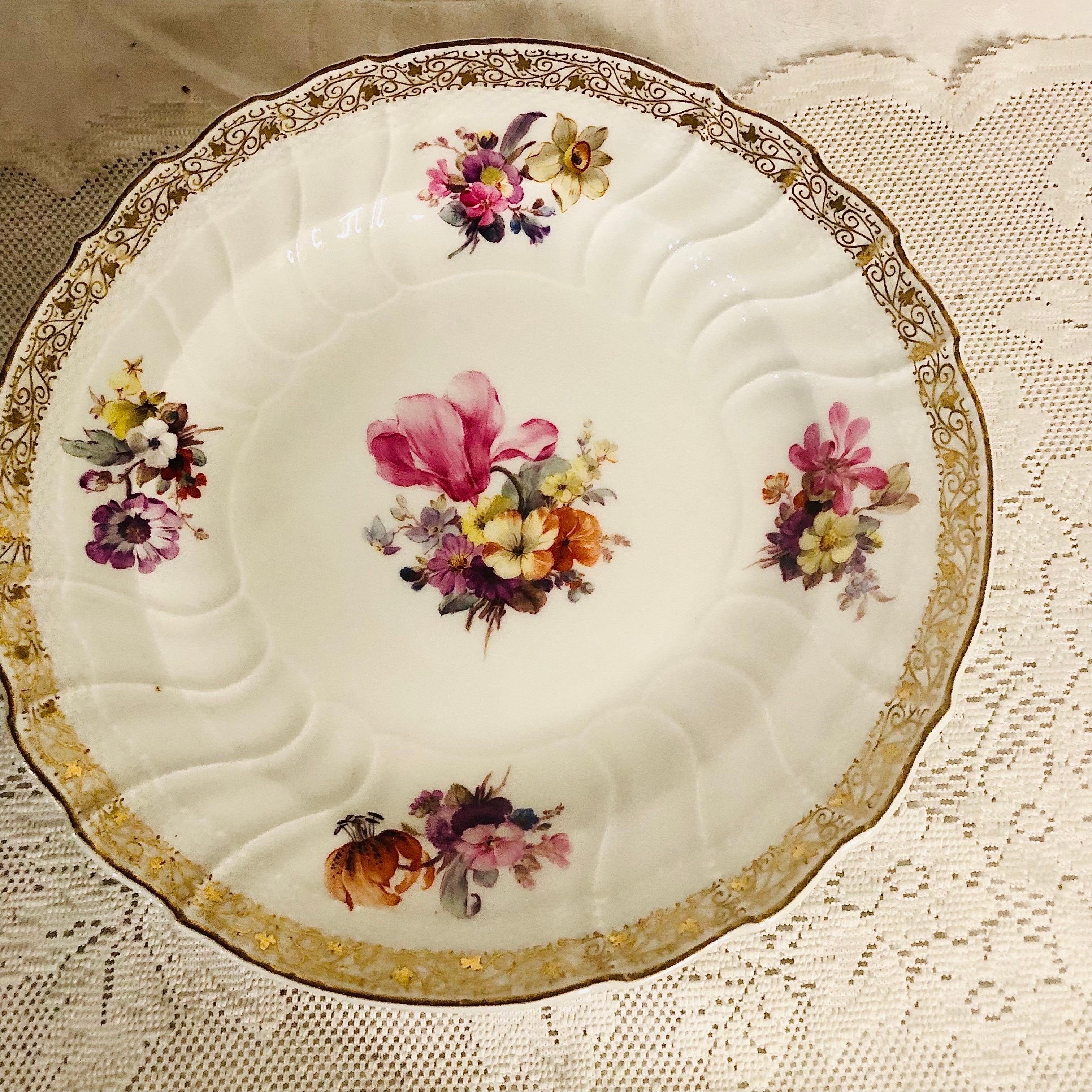 Porcelain 12 KPM Dinner Plates, Each Hand-Painted with a Different Central Flower Bouquet For Sale