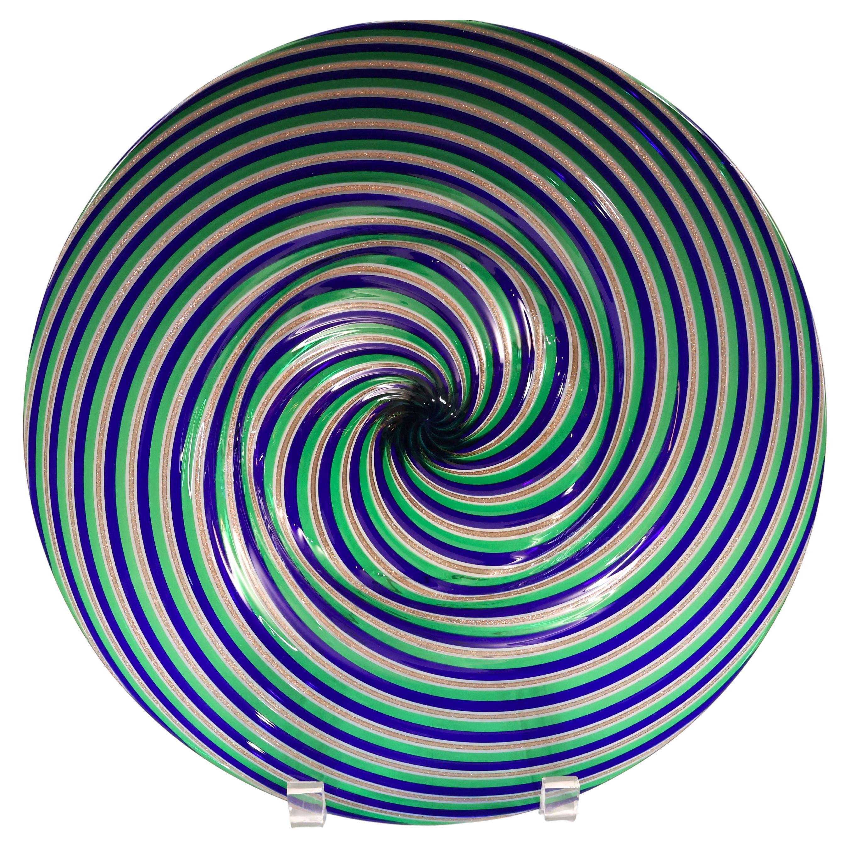 12" Large Murano A Canne Ritorte Glass Vintage Italian Swirl Bowl Gold Flakes