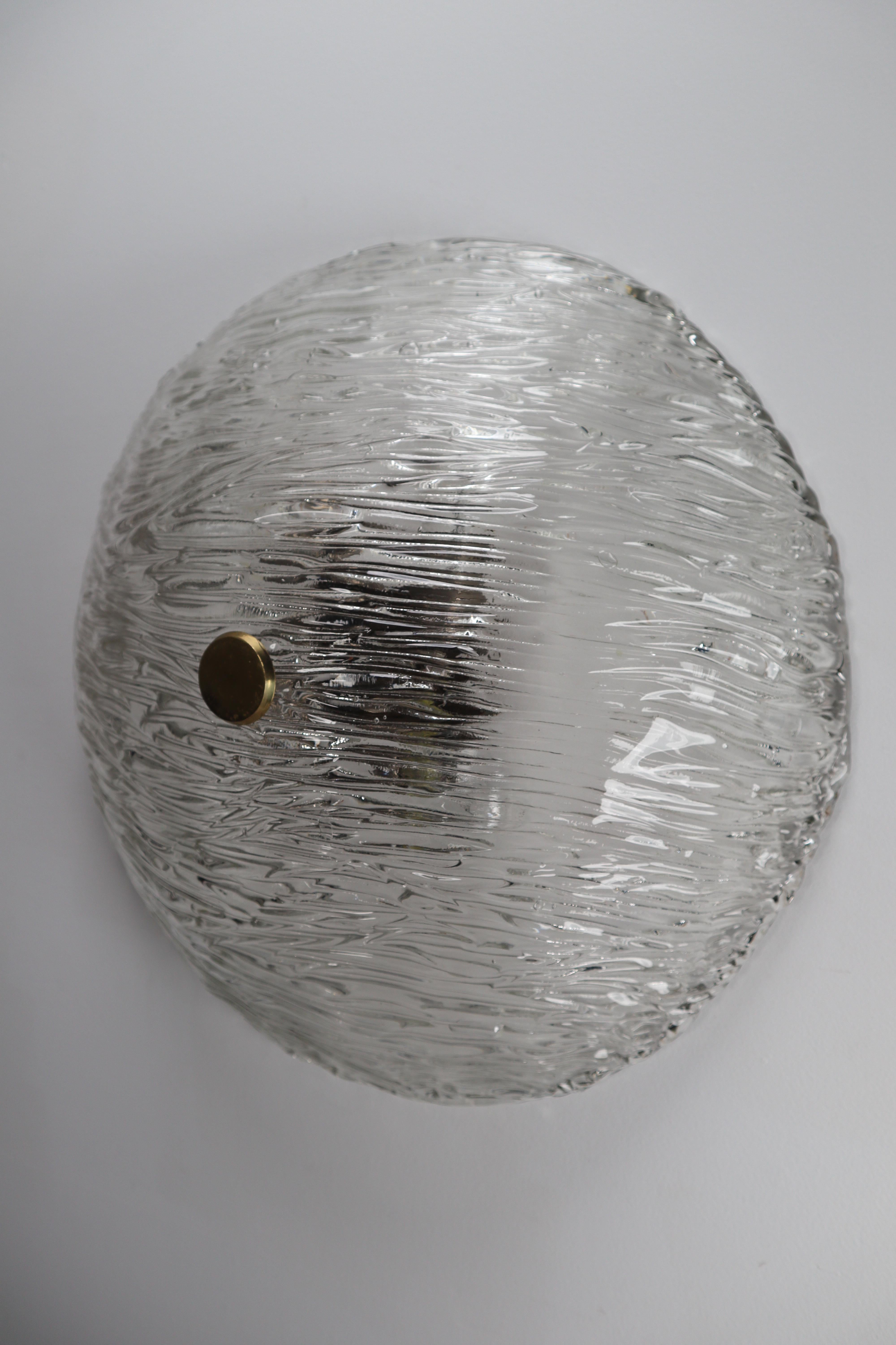 German 12 Large Round Modernist Textured Ice Glass Flush Mounts or Wall Lights, 1960s